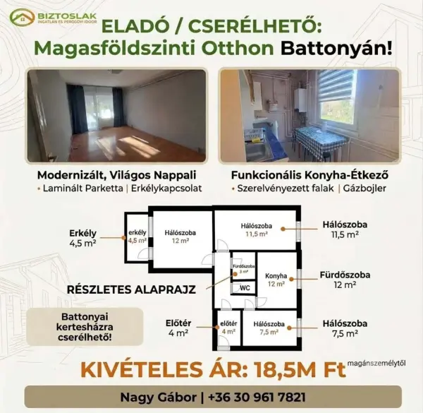 Eladó panellakás, Battonya 1+2 szoba 58 m² 18.5 M Ft