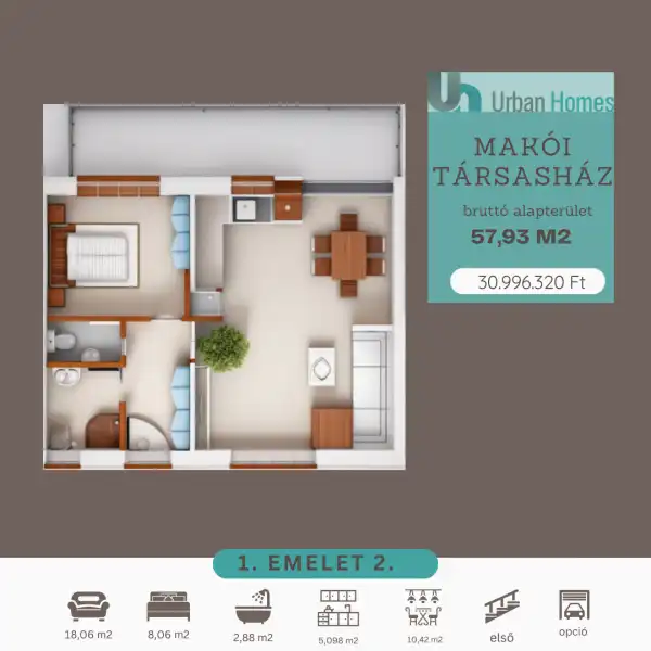 Eladó új építésű téglalakás, Orosháza 2 szoba 40 m² 30.99632 M Ft